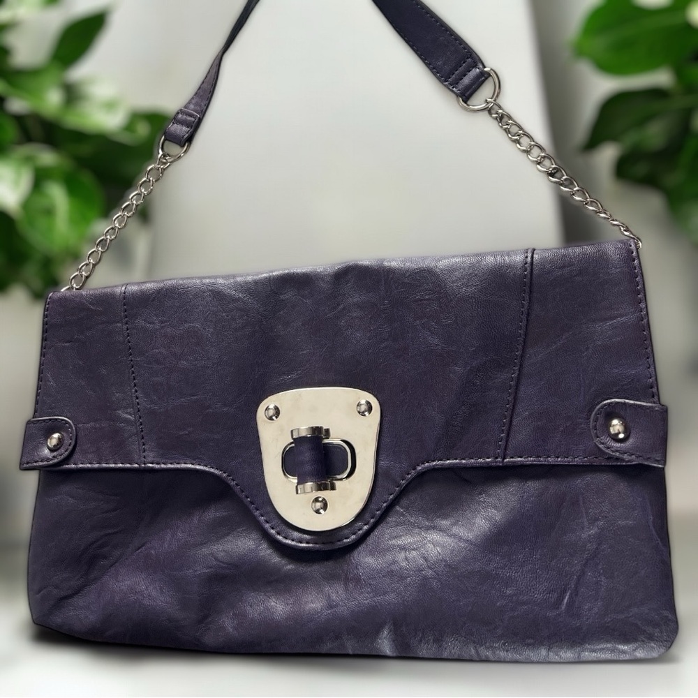 Deep Purple Vegan Leather Clutch Shoulder Bag With Silver Accent Chain